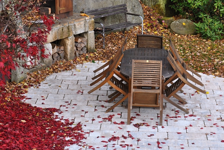 Wooden garden furniture packed away during autumn