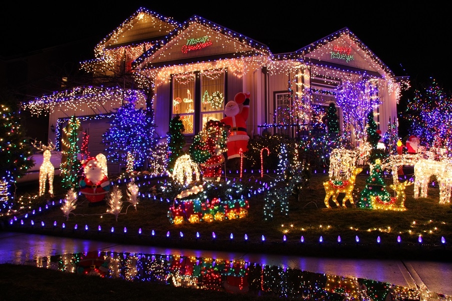 A home decorated with Christmas lights